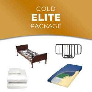 gold elite hospital bed package with hospital bed, mattress, bed rail, and sheets