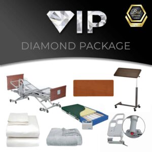 vip diamond package with hospital bed, overbed table, mattress, sheet set, and blanket
