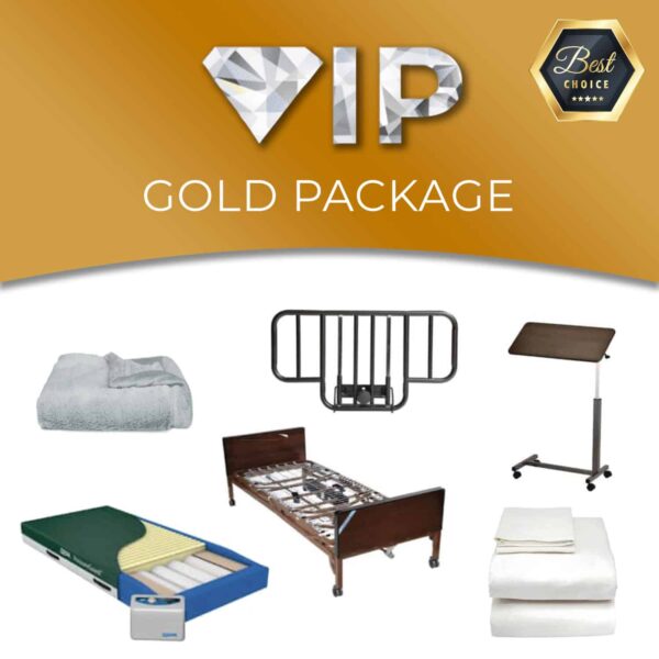 VIP gold hospital bed package with hospital bed, table, sheets, bed rails, and more