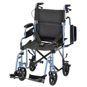 Roscoe transport wheelchair in blue frame with black seat, lightweight and foldable design