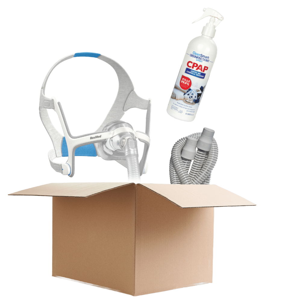CPAP Disinfectant, ResMed CPAP Mask, and tubing.