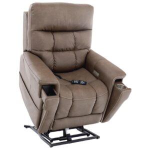 PLR-4955 lift chair in tan fabric with remote, cup holder, and extending leg rest for mobility support.