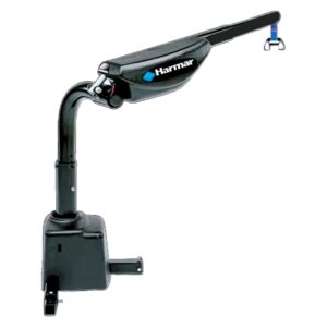 Harmar AL425 vehicle lift with compact dual-arm design, shown installed in SUV trunk space.