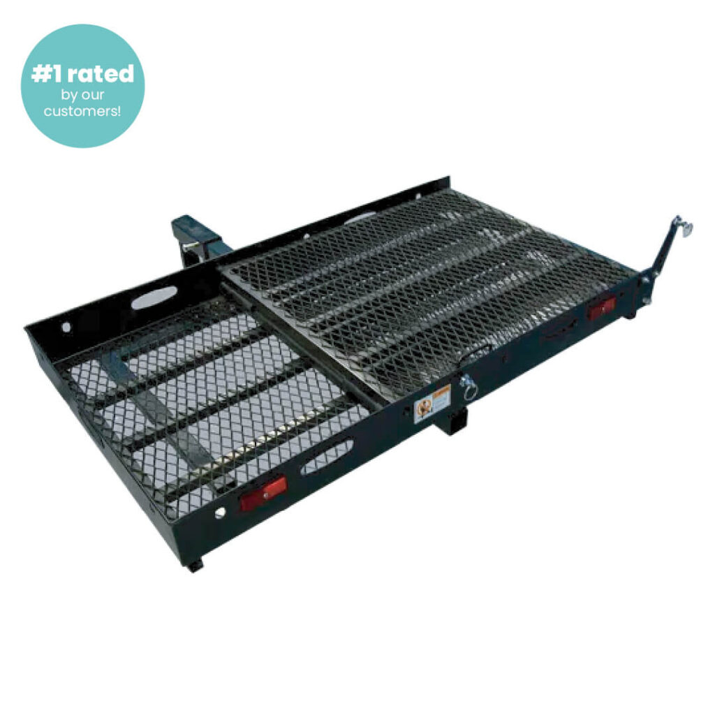Metal mobility scooter carrier with mesh platform and hitch mount, rated #1 by customers.