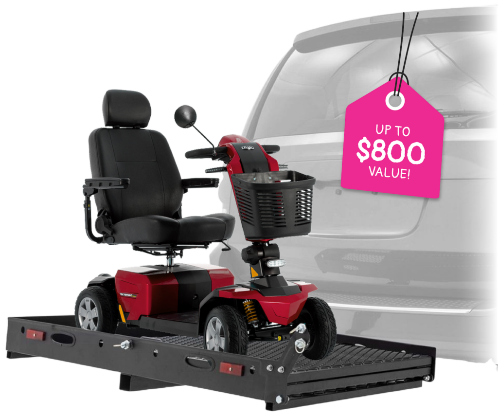 Pride Victory 10 scooter on vehicle lift with Copper Star's $800 value offer tag.