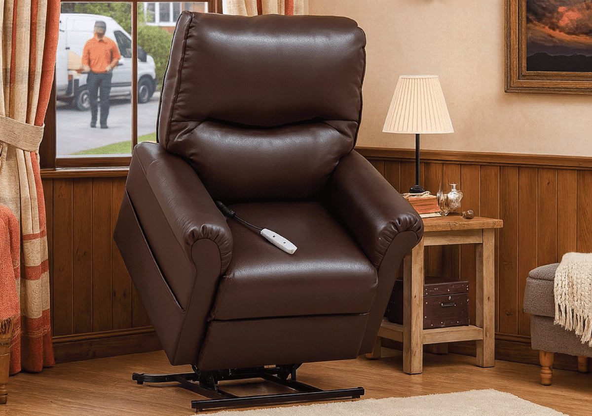 Brown leather power lift recliner in a modern cozy living room with window view and side table