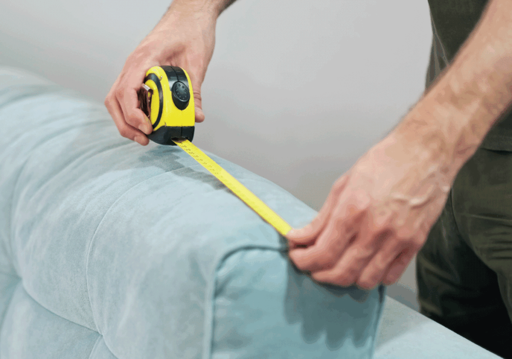 Person measuring a Lift Chair with a yellow tape measure
