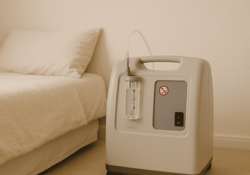 Aesthetic Oxygen Concentrator in Bedroom – Liter Flow at 2 L/min (Portrait)