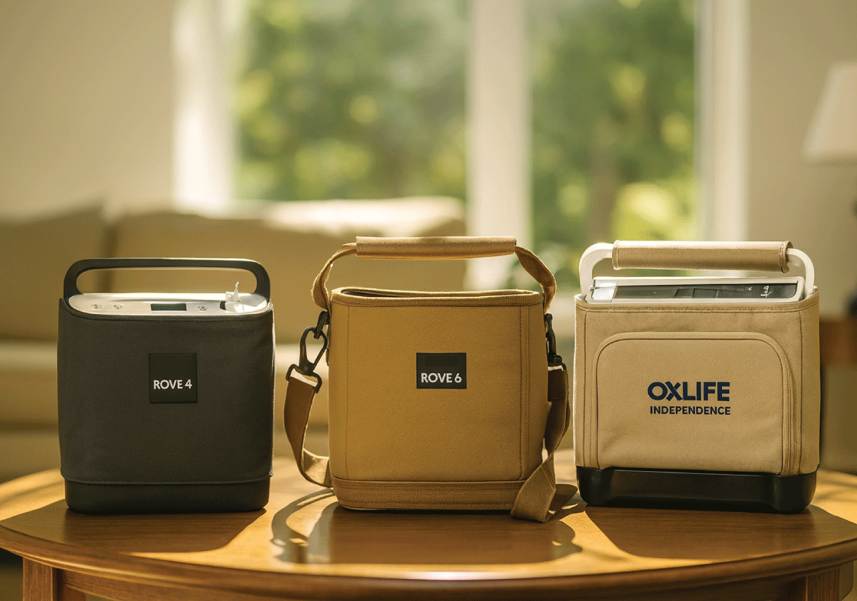 Three portable oxygen concentrators — Rove 4, Rove 6, and OxLife Independence — in neutral-colored carrying bags displayed side by side on a wooden table in a modern sunlit living room.