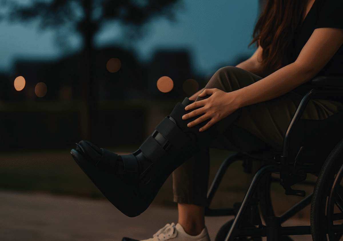 Woman in a wheelchair with a black orthopedic walking boot during evening time