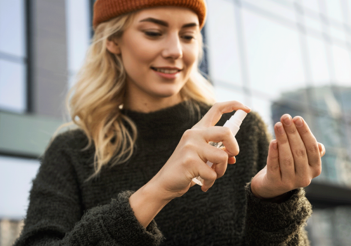 A young woman with blonde hair and an orange beanie stands outside, smiling as she sprays hand sanitizer onto her hands. She wears a dark green, textured sweater. The background is a blurred, modern glass building.